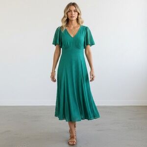 Rabbit Rabbit Rabbit Designs Teal Green Lace Midi Dress V-Neck Size 12